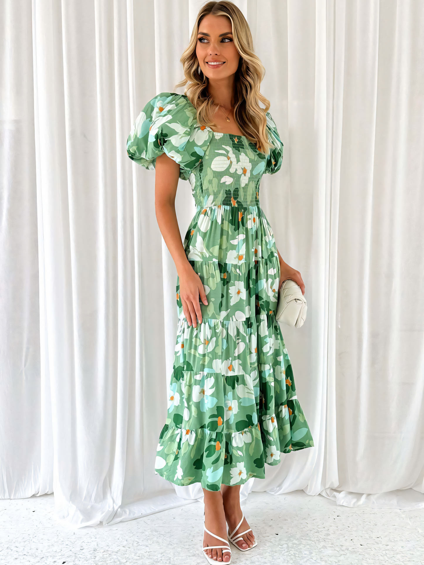 Green Floral Printed Puffy Bubble Sleeve Midi Dress