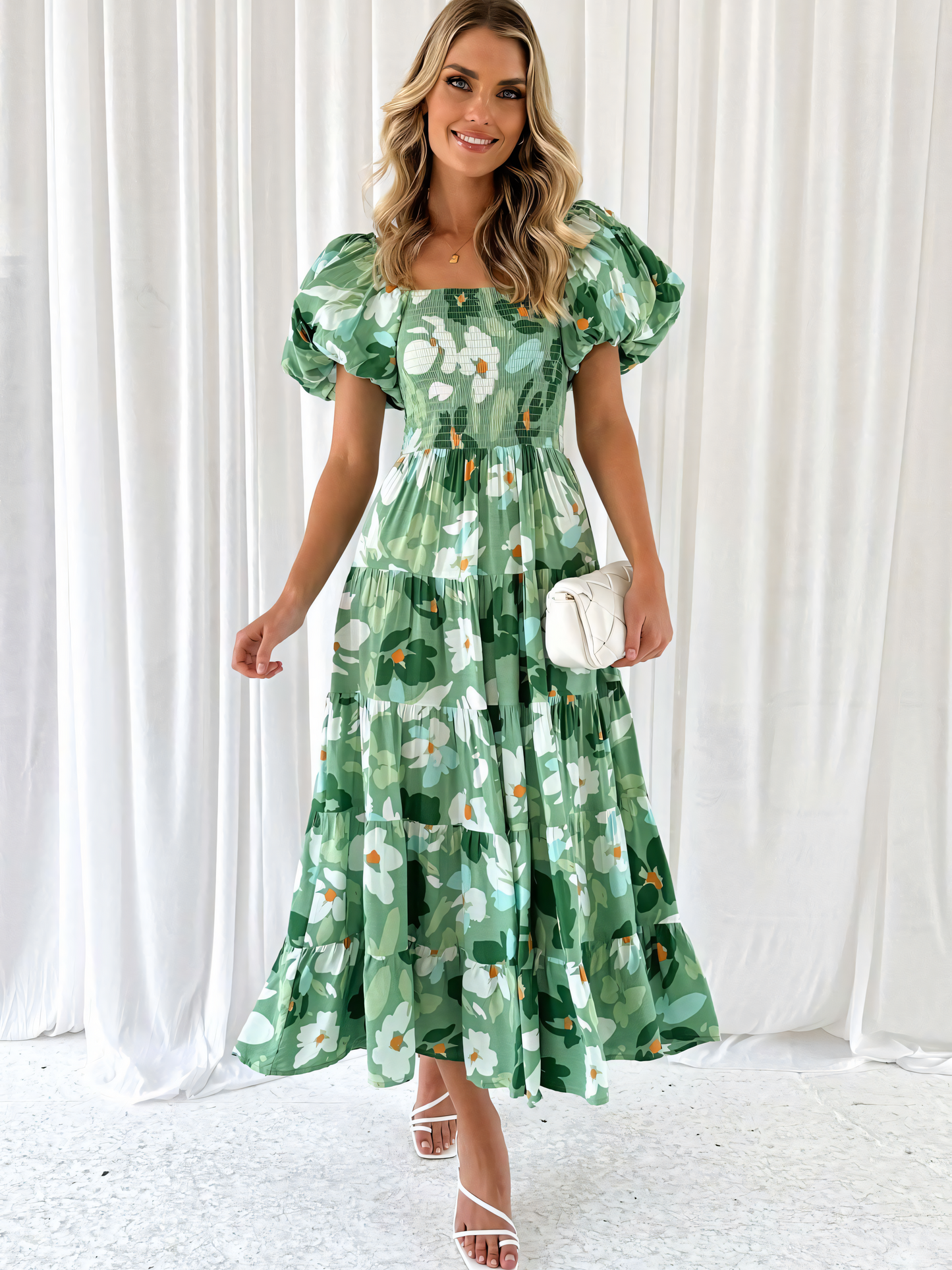 Green Floral Printed Puffy Bubble Sleeve Midi Dress