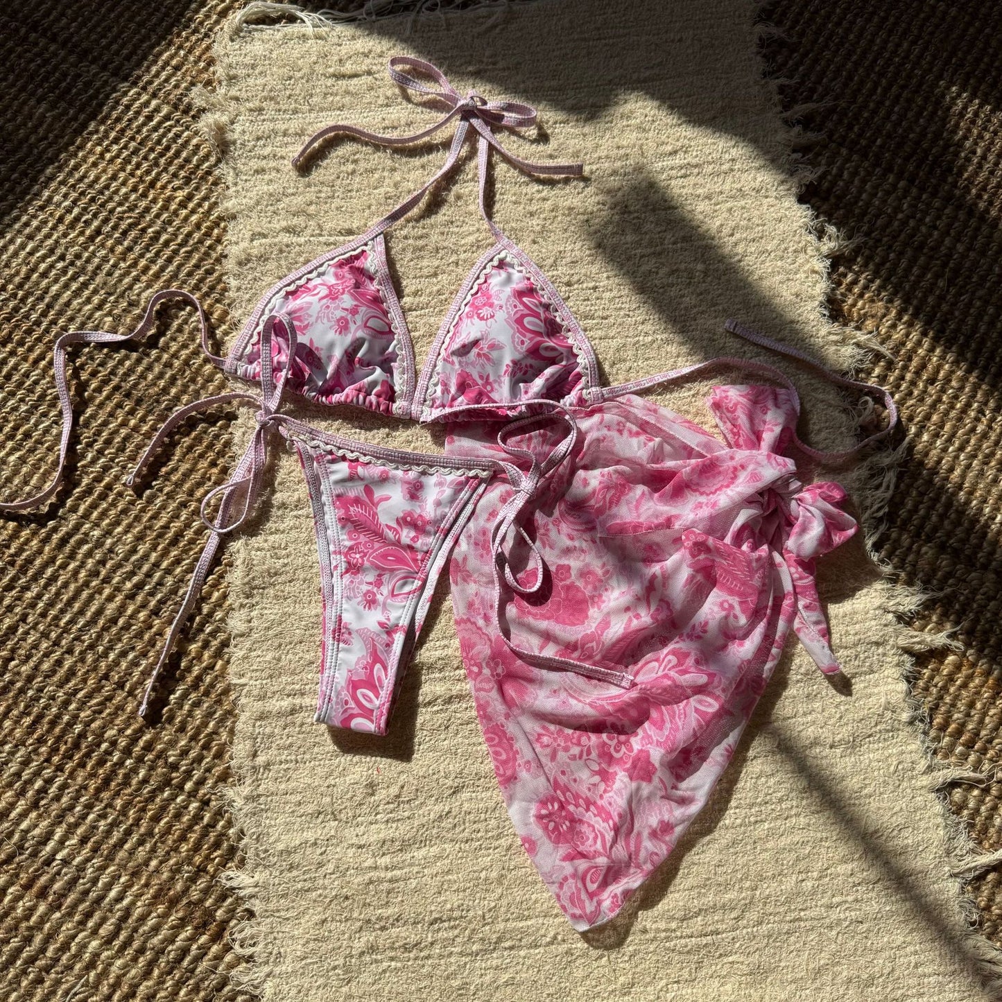 Vintage Printed Lace Bikini Trio Set