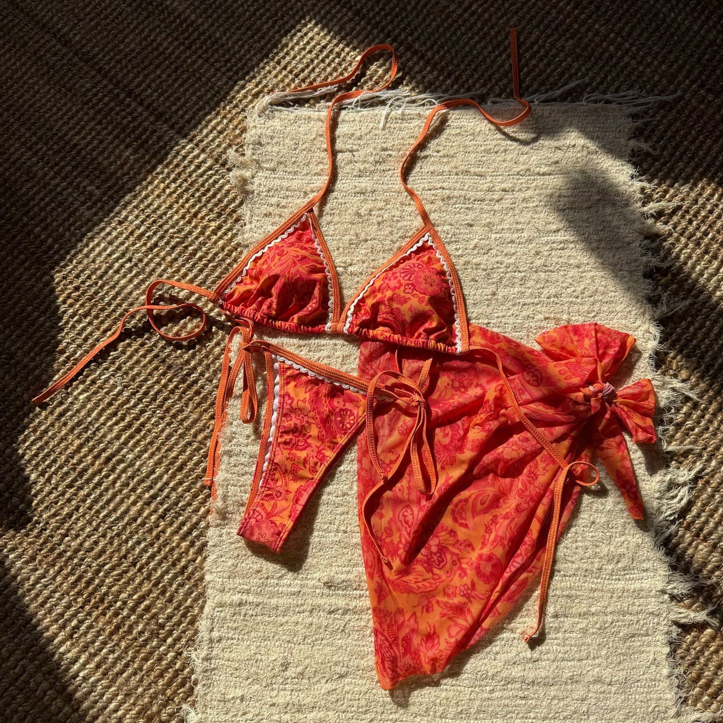 Vintage Printed Lace Bikini Trio Set