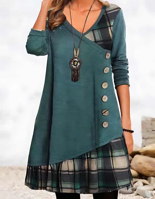 Casual Patchwork Button-up Long-sleeved Mini Dress