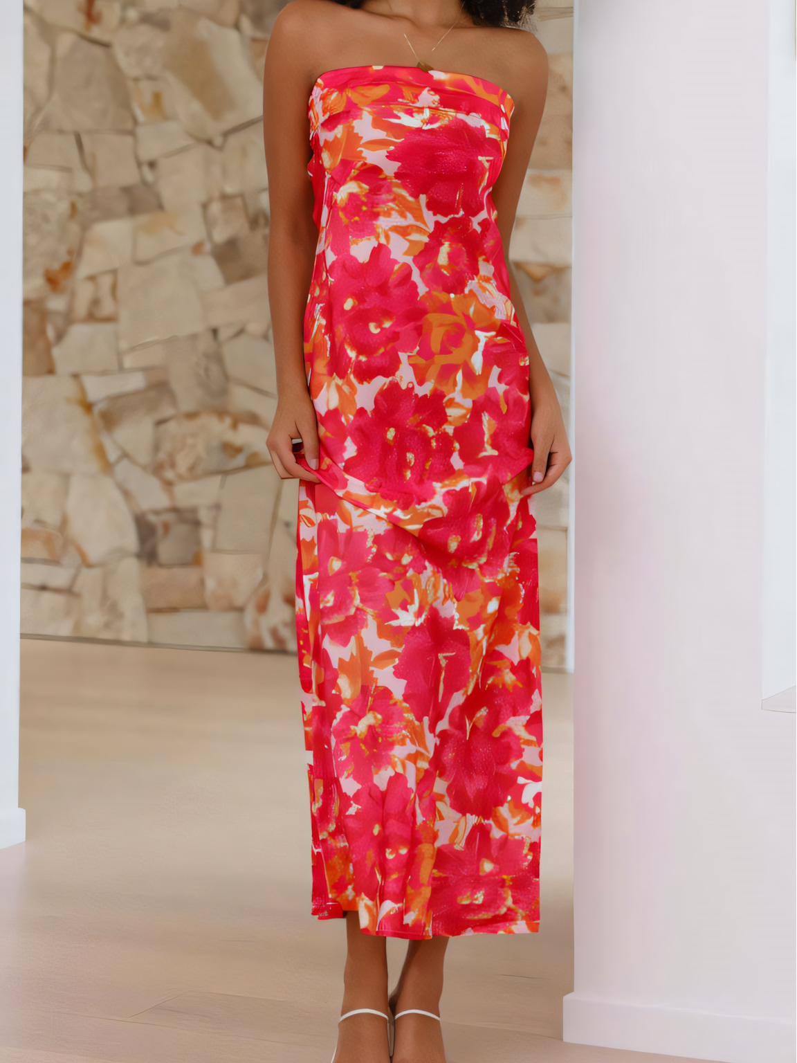 Orange Red Satin Strapless Sheath Maxi Dress