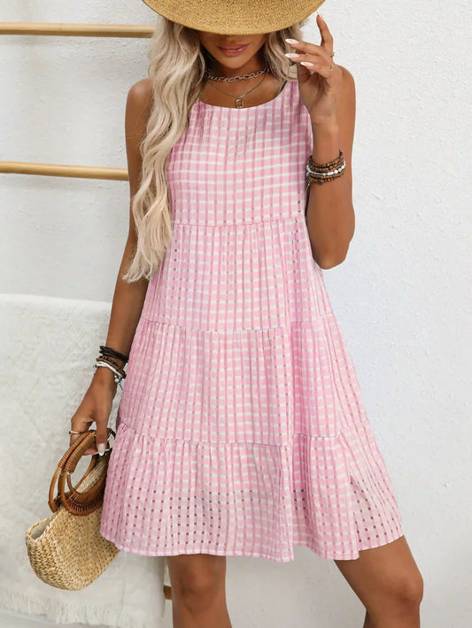 Pink Plaid Casual Elegant Sleeveless Midi Dress