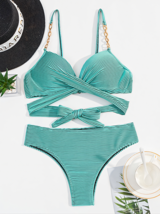 Peacock Blue Lace-up&Mid-rise Bikini