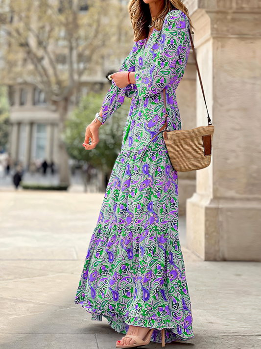 V-Neck Long Sleeve Bohemia Maxi Dress