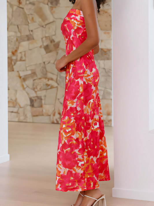 Orange Red Satin Strapless Sheath Maxi Dress