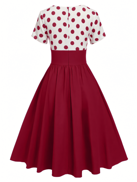 Elegant V-neck Polka Dot Patchwork Midi Dress