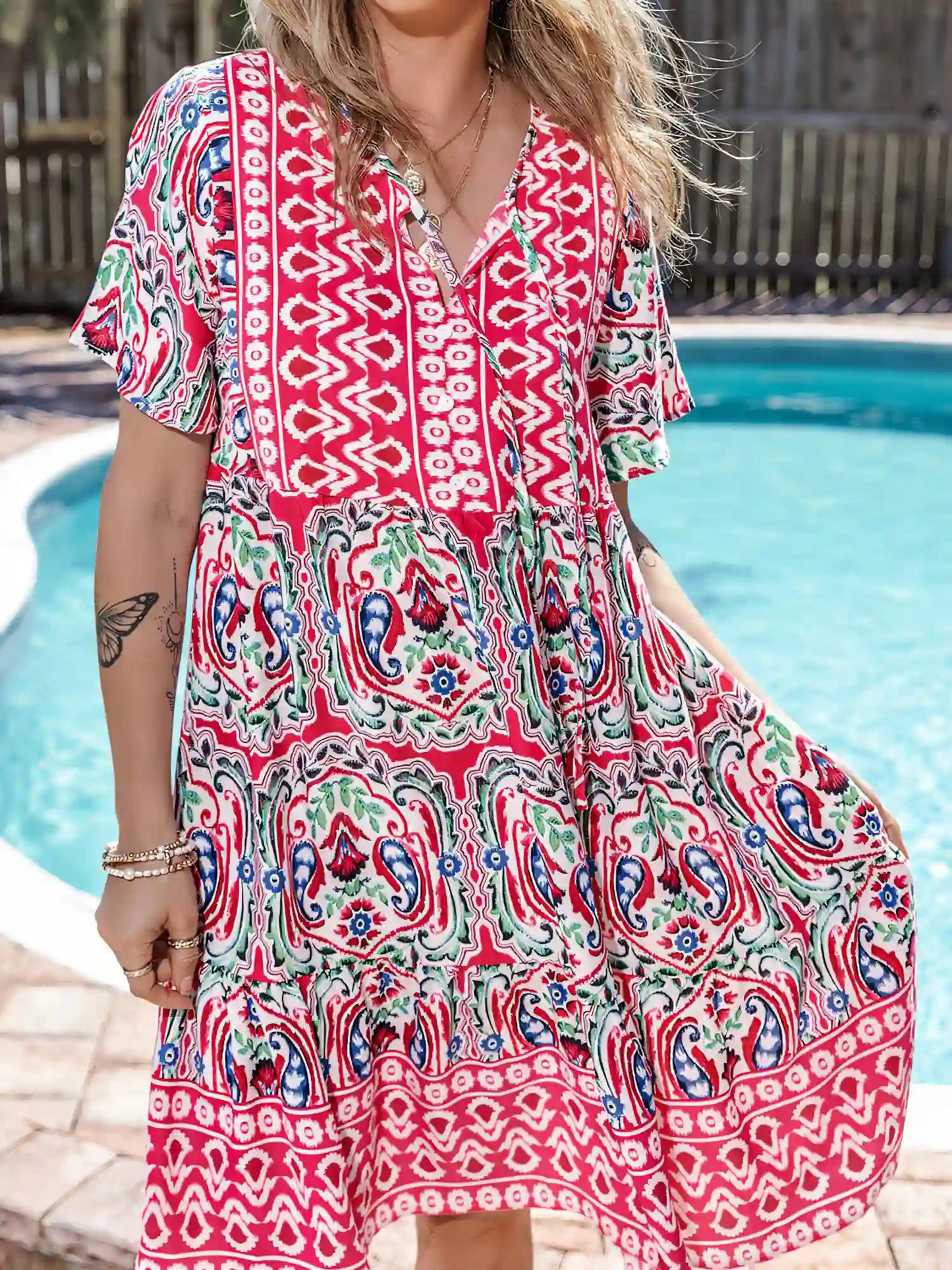Bohemian Print V-Neck Midi Dress