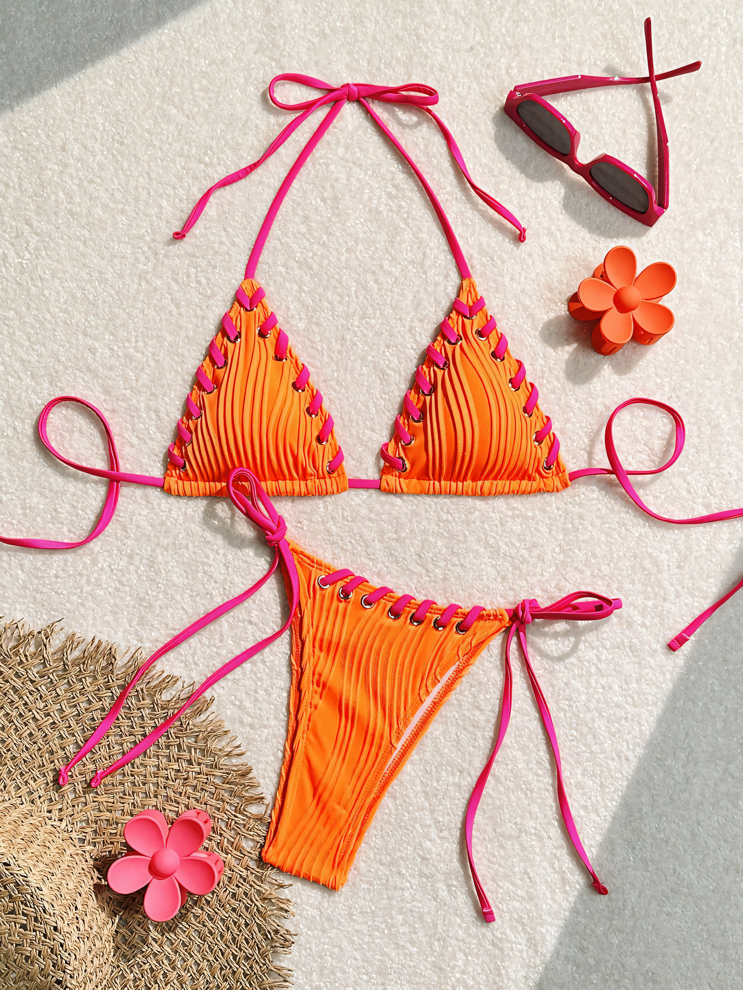 Solid Color Stitching Tie Bikini
