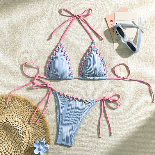 Solid Color Stitching Tie Bikini