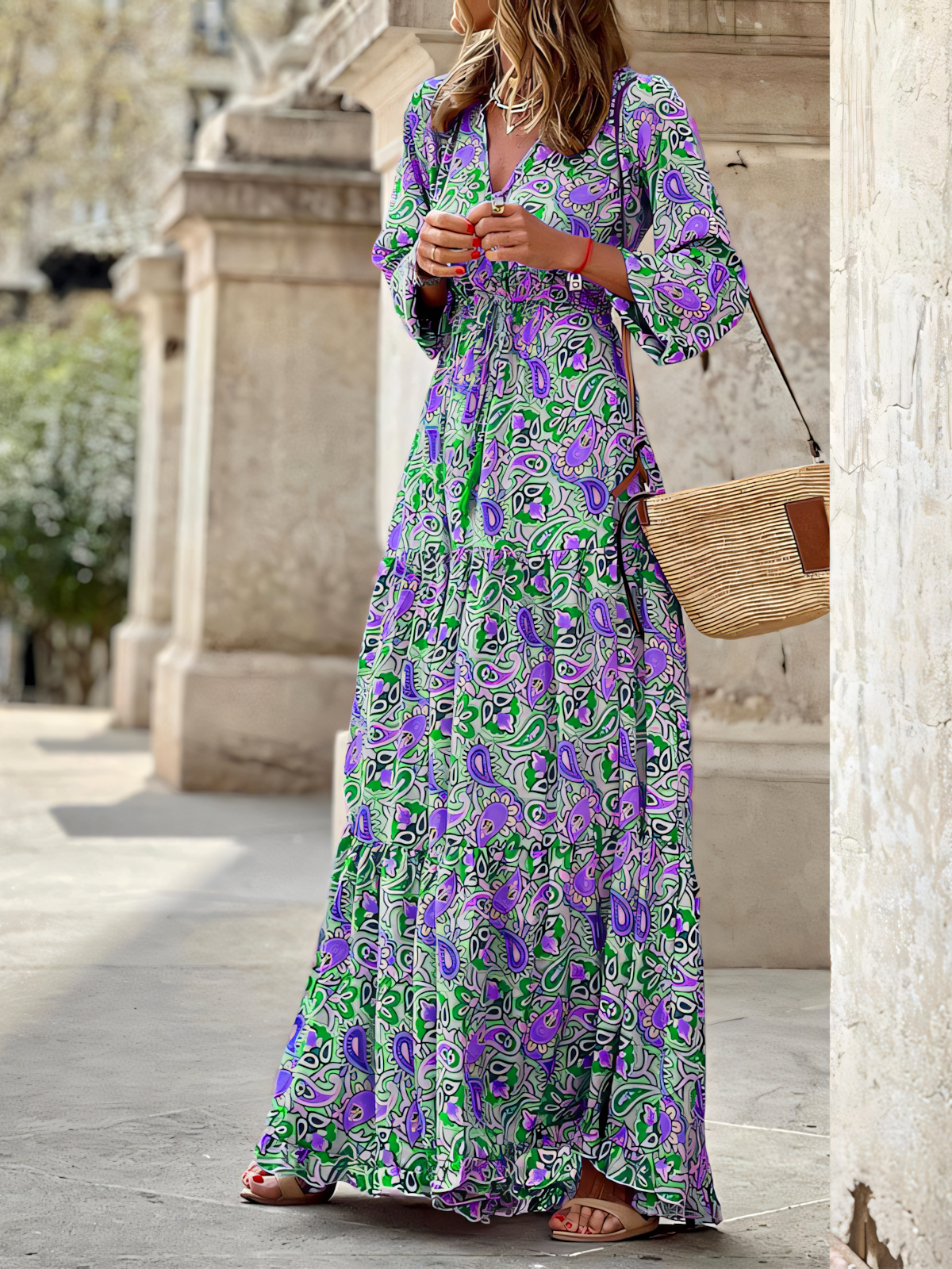 V-Neck Long Sleeve Bohemia Maxi Dress