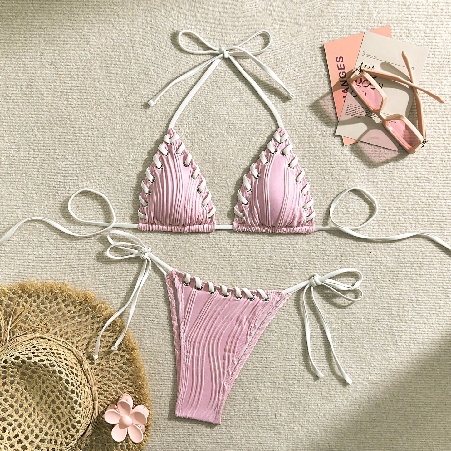 Solid Color Stitching Tie Bikini