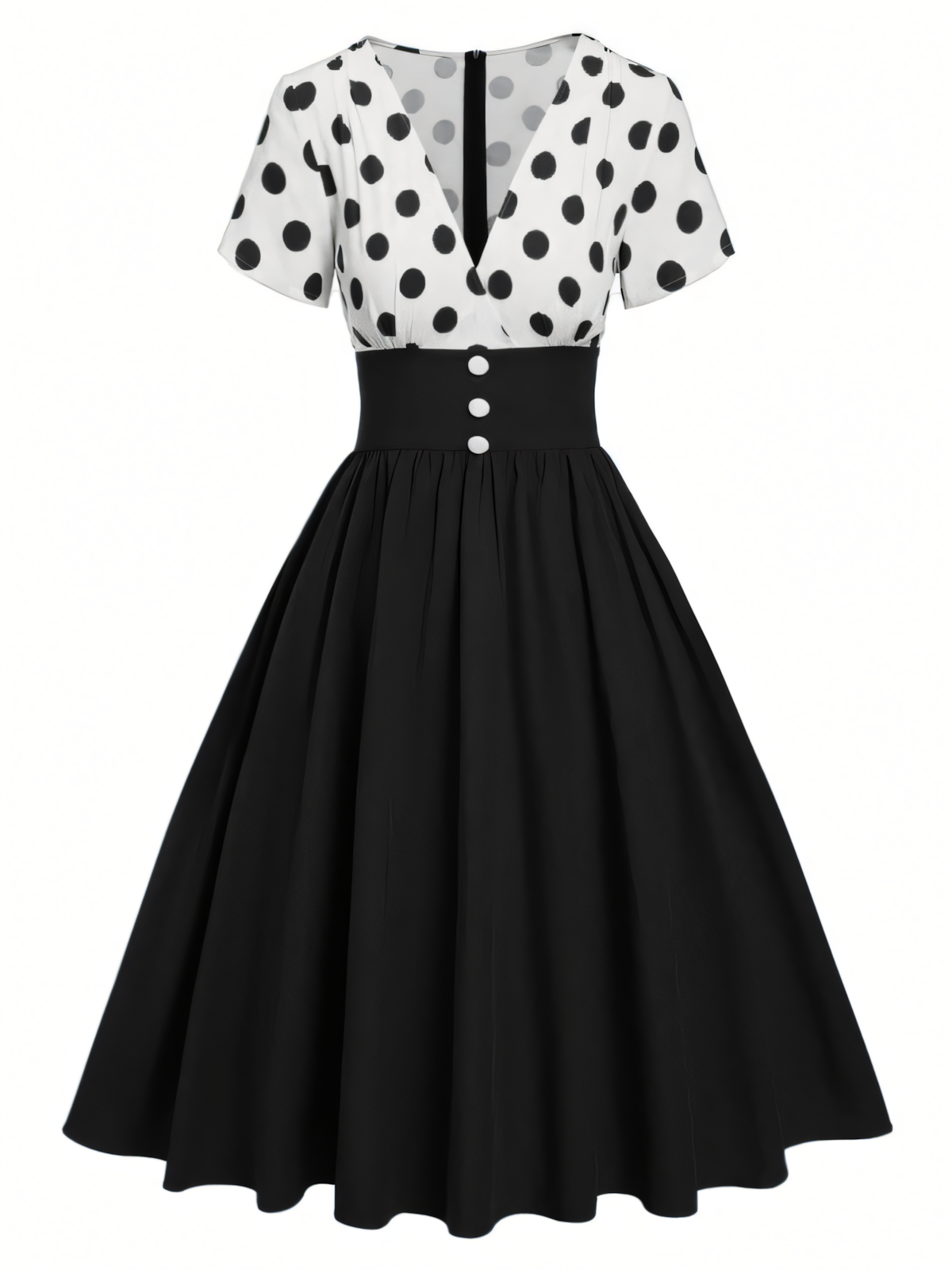 Elegant V-neck Polka Dot Patchwork Midi Dress