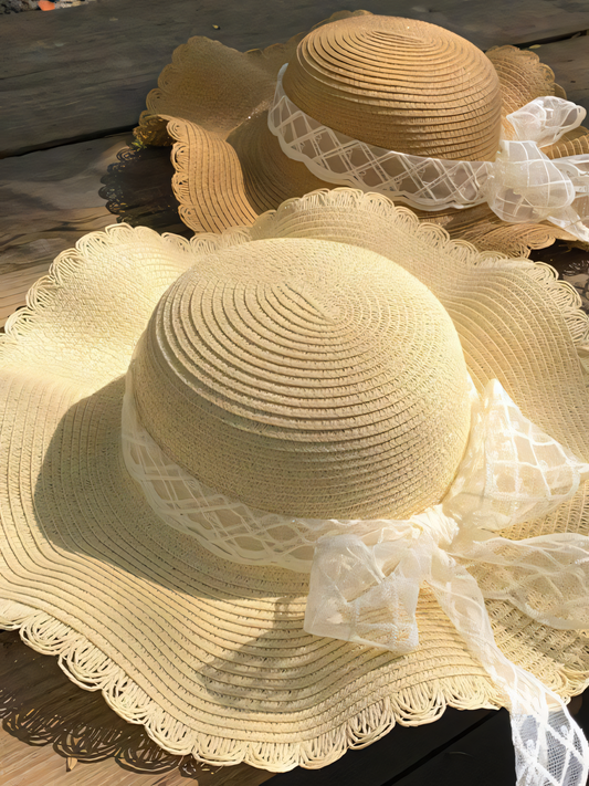 Straw Large Brim Bow Knit Hat