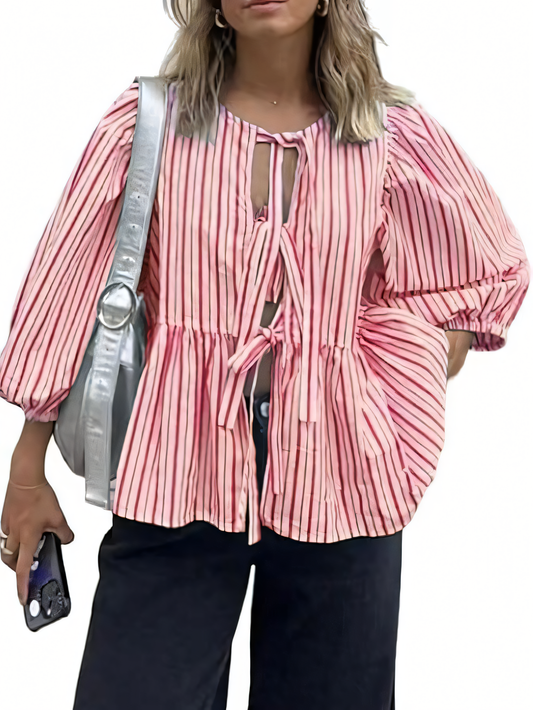 Sweet Casual Lace-Up Striped Shirt