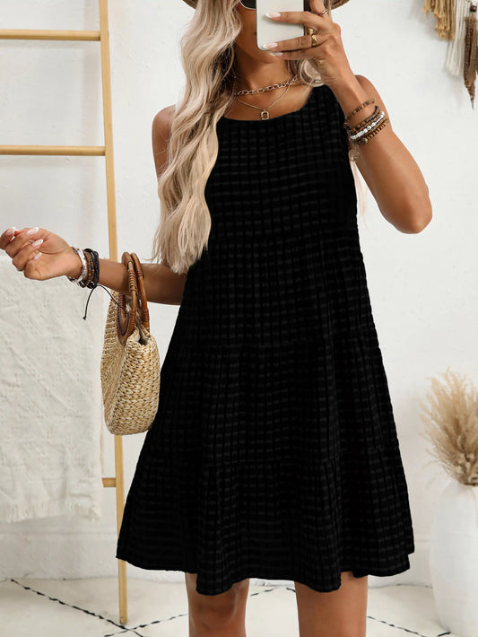 Black Plaid Casual Elegant Sleeveless Midi Dress