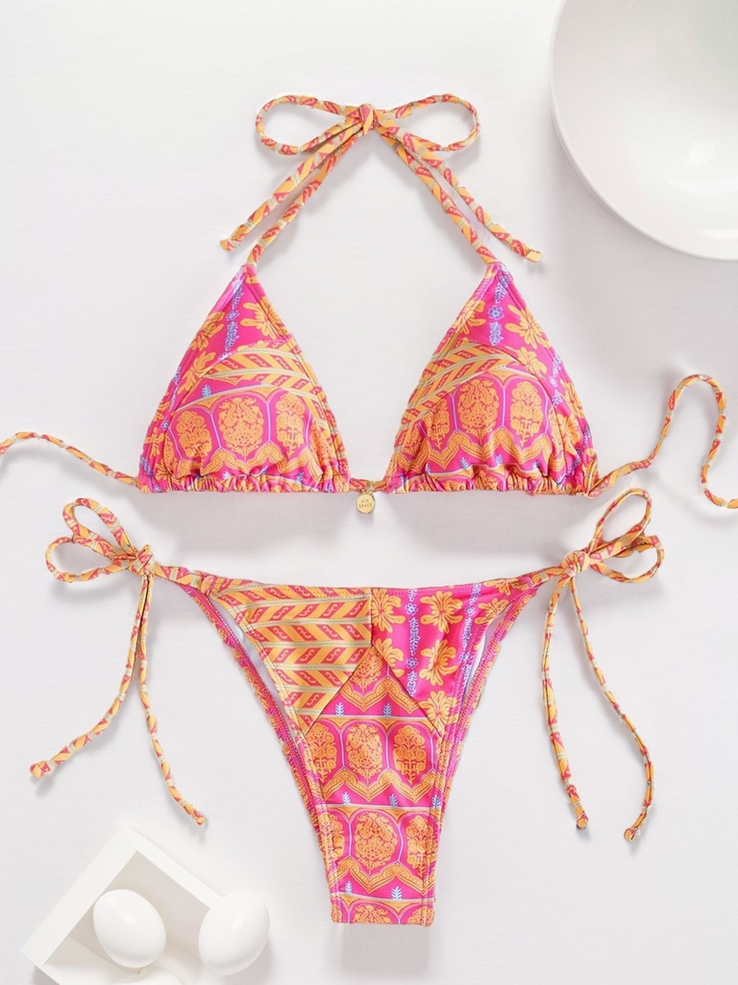 Pink Ethnic Patterned Tie-side Bikini