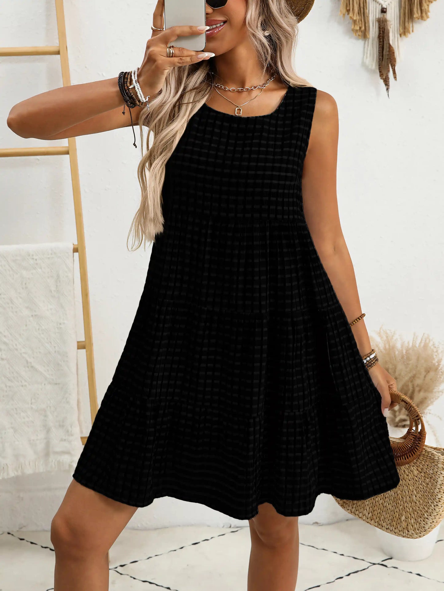 Black Plaid Casual Elegant Sleeveless Midi Dress