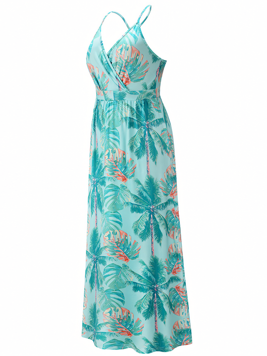 Lake-blue Floral Bohemia Halter Maxi Dress