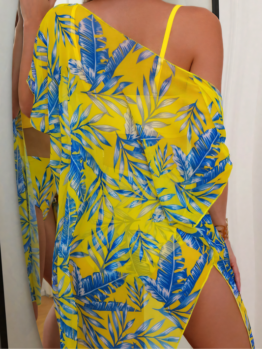 Maple Leaf Print High-waist Mesh Bikini Trio Set