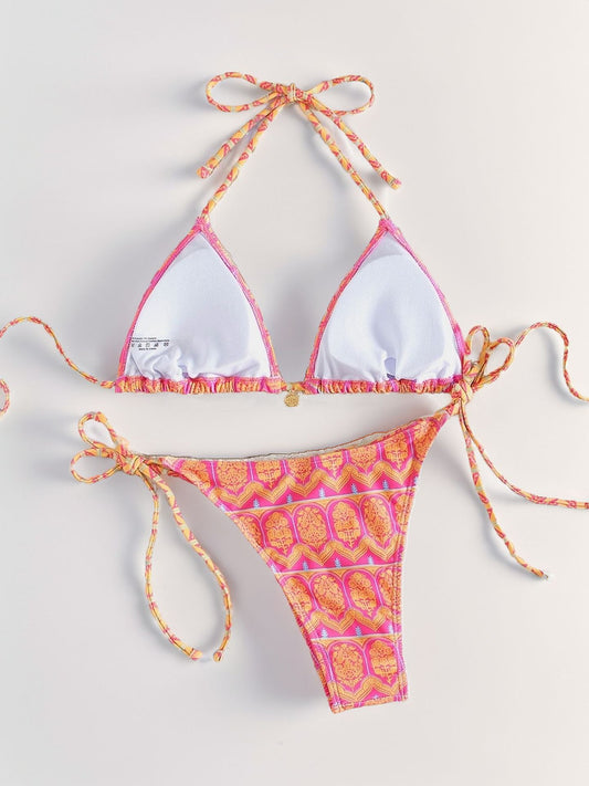 Pink Ethnic Patterned Tie-side Bikini