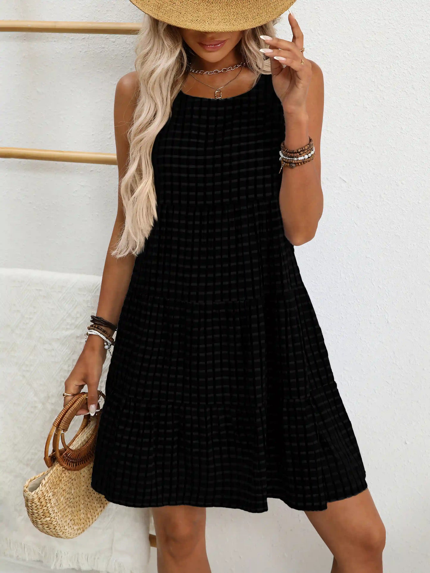 Black Plaid Casual Elegant Sleeveless Midi Dress