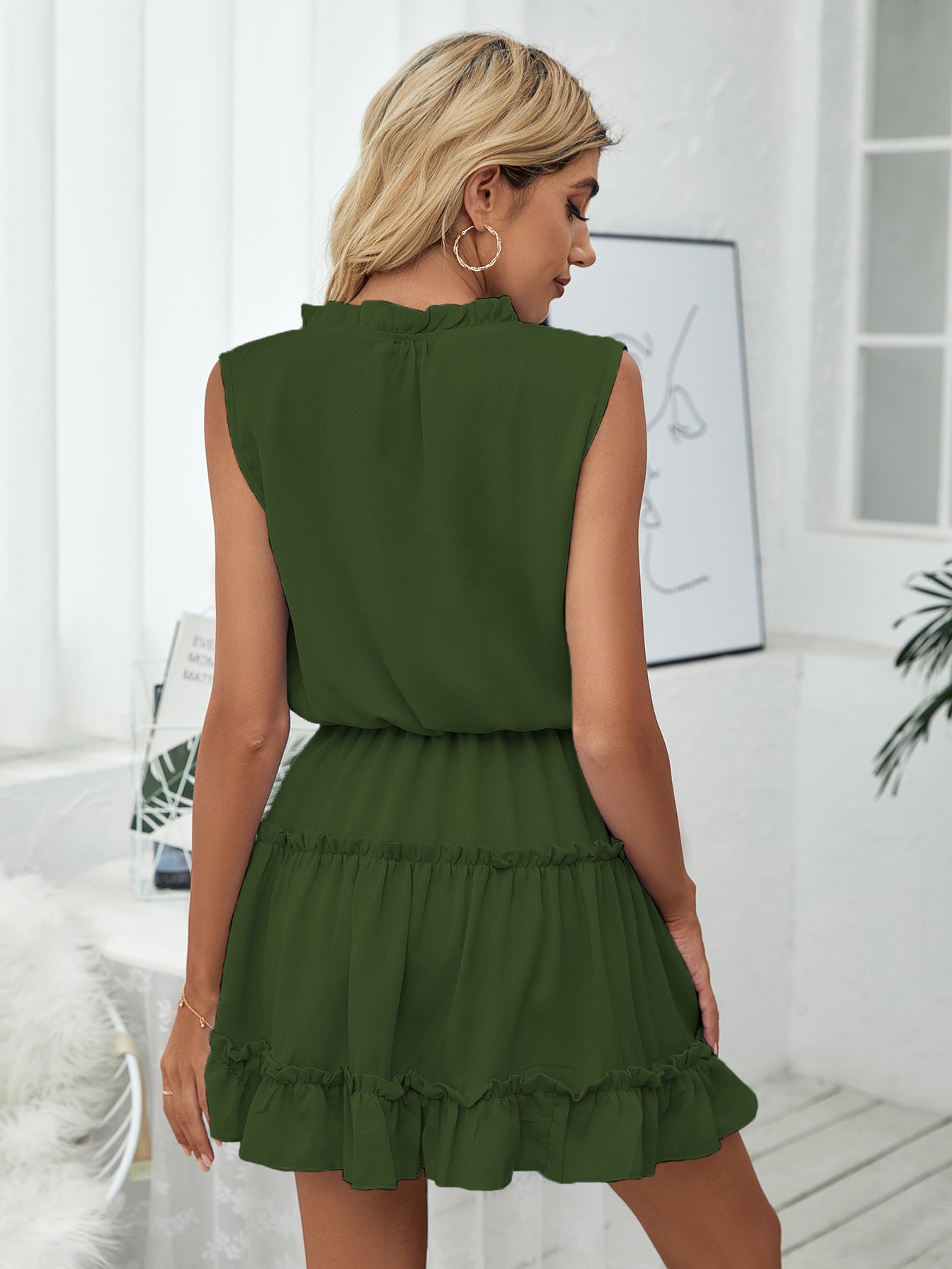 V-neck Loose Solid Color Sleeveless Mini Dress