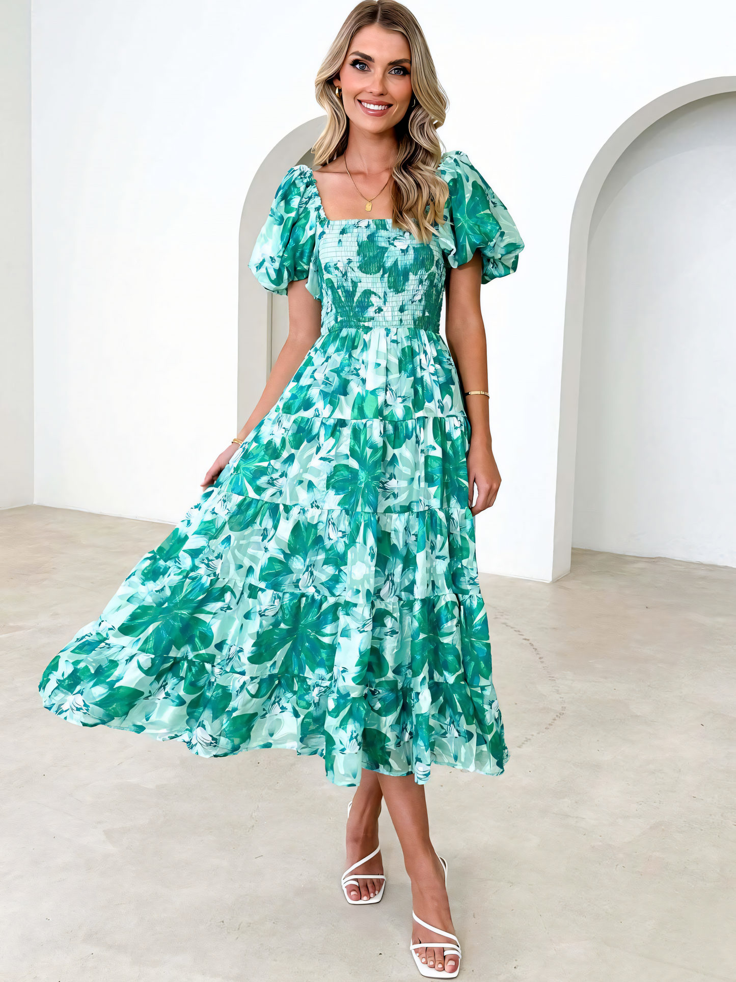 Floral Printed Puffy Bubble Sleeve Midi Dress
