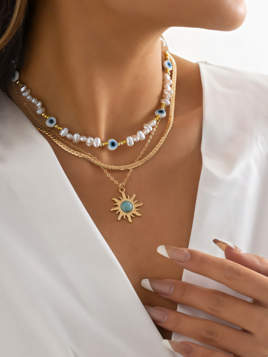 Vintage Sunflower Pendant Stacking Necklace