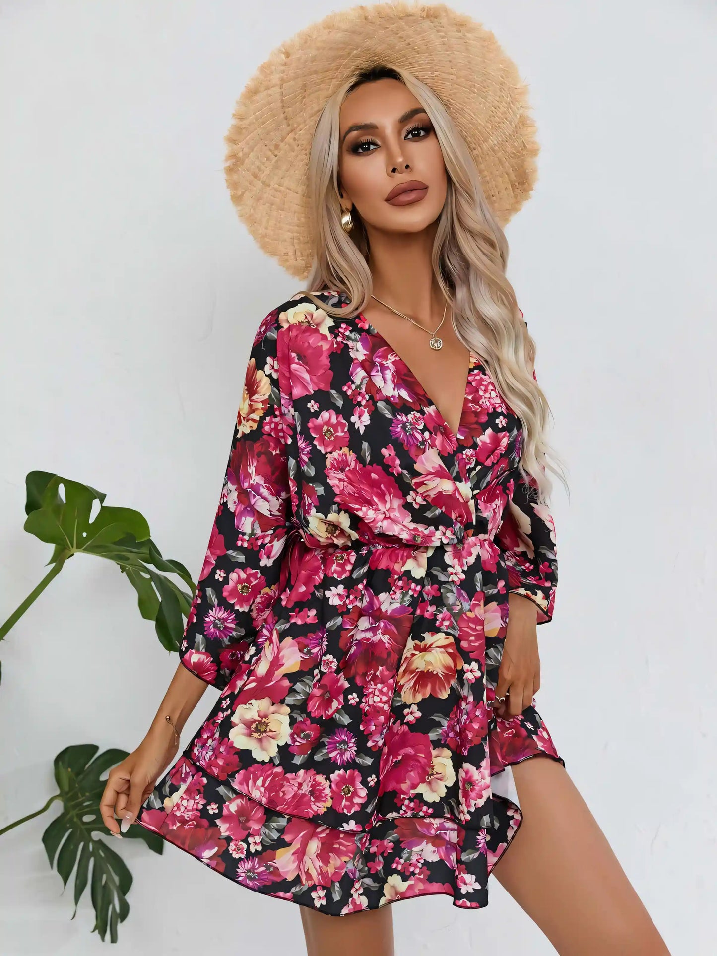 Floral Printed V-Neck Mini Dress