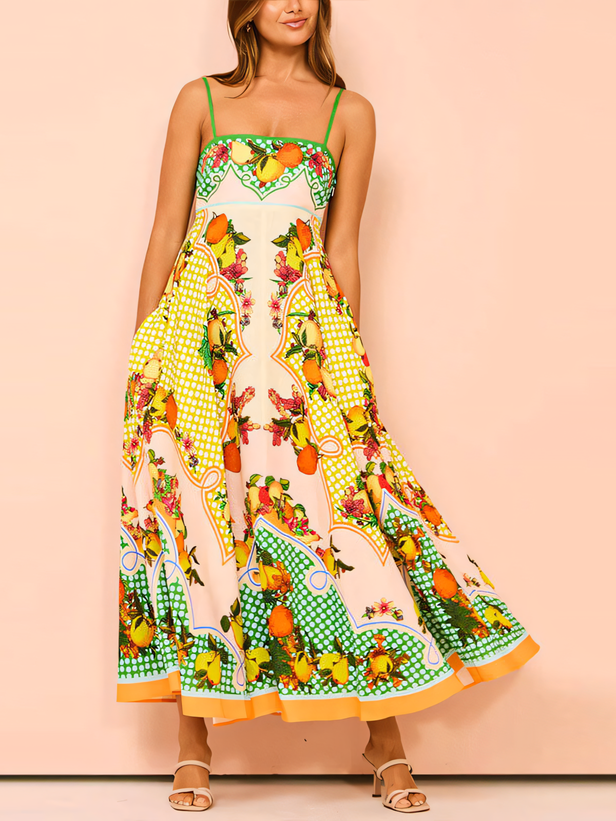 Colorful Printed High-waist Slip Maxi Dress