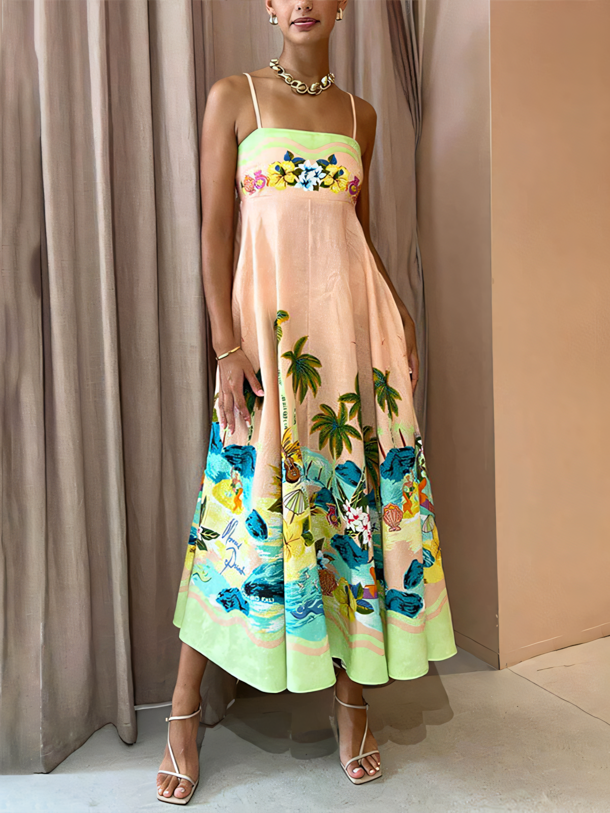 Green Pink Printed High-waist Slip Maxi Dress