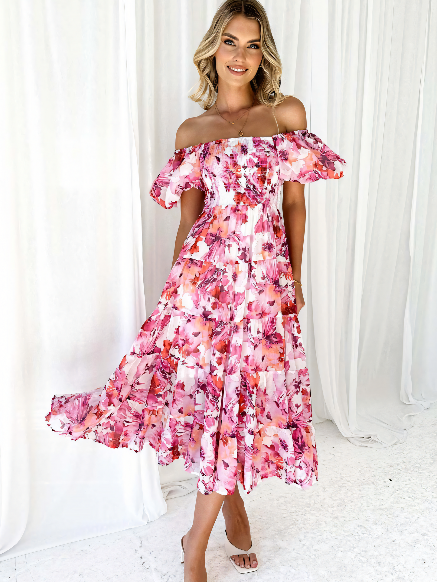 Pink Floral Printed Puffy Bubble Sleeve Midi Dress