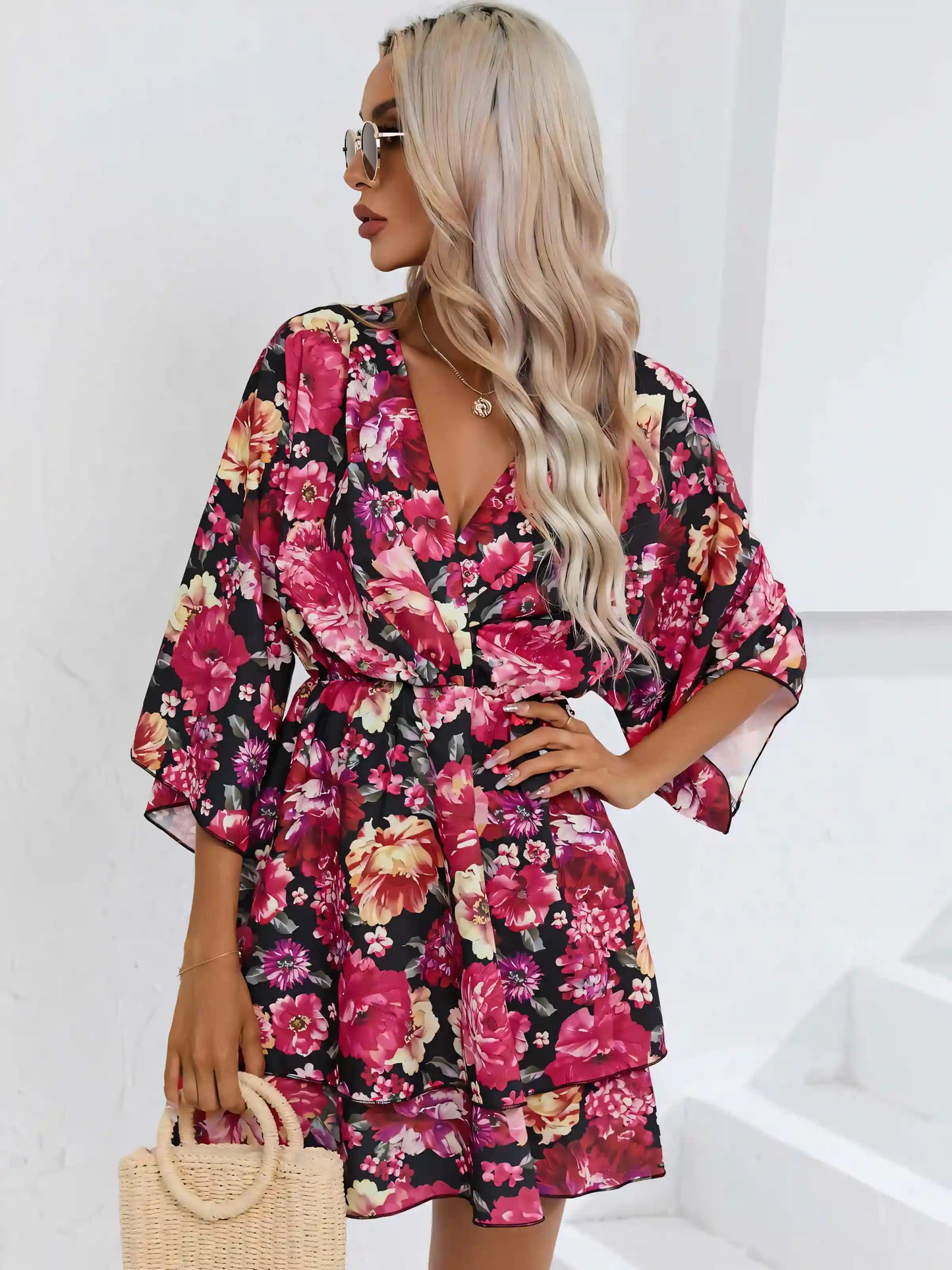 Floral Printed V-Neck Mini Dress