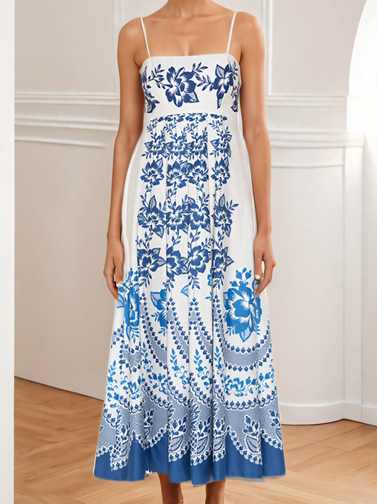 Blue Printed High-waist Slip Maxi Dress