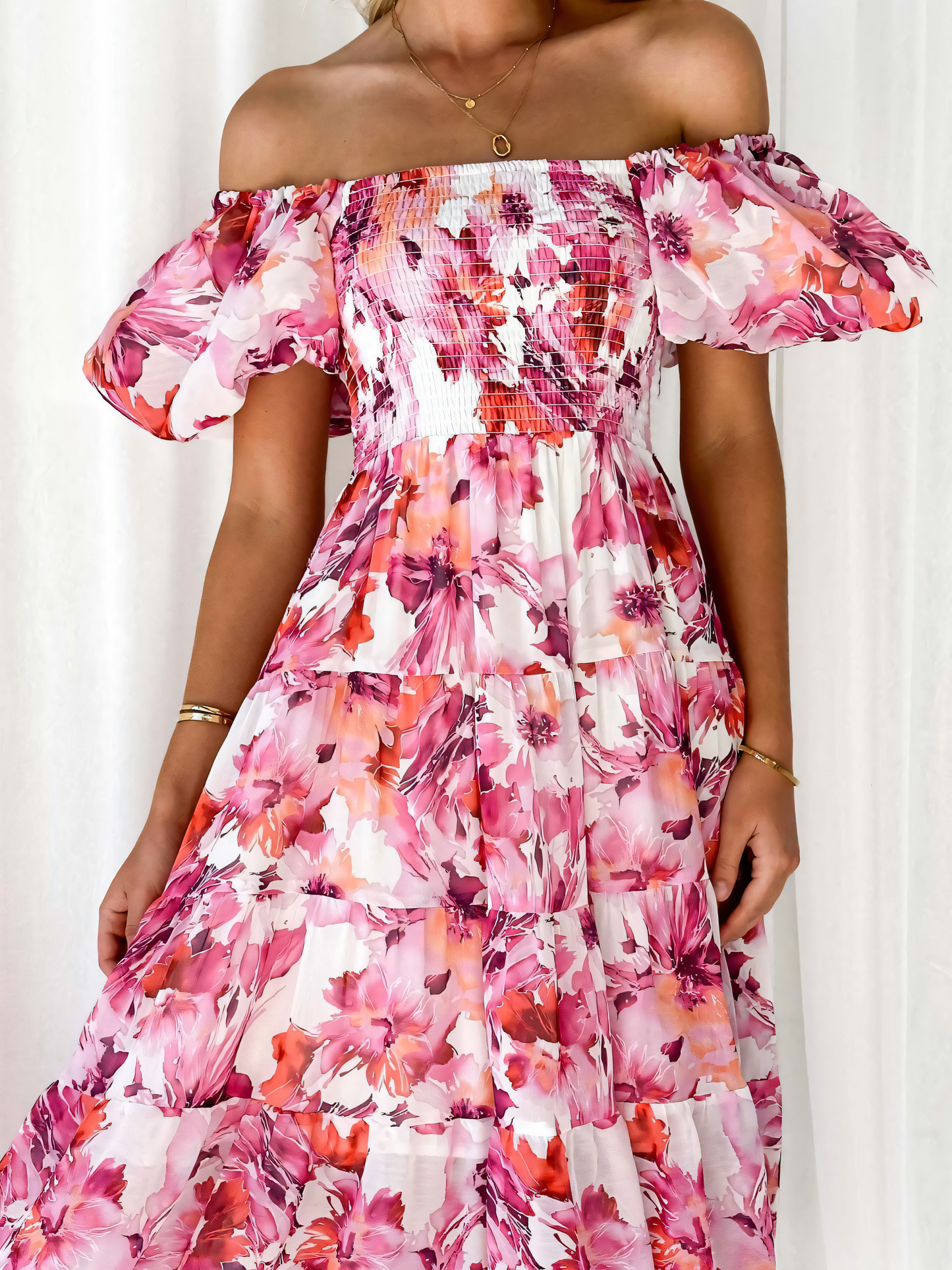 Pink Floral Printed Puffy Bubble Sleeve Midi Dress