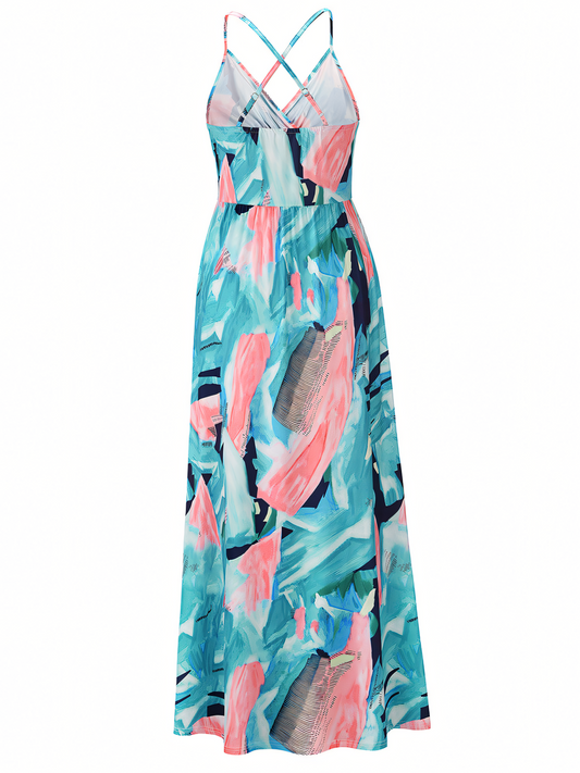 Blue-pink Floral Bohemia Halter Maxi Dress