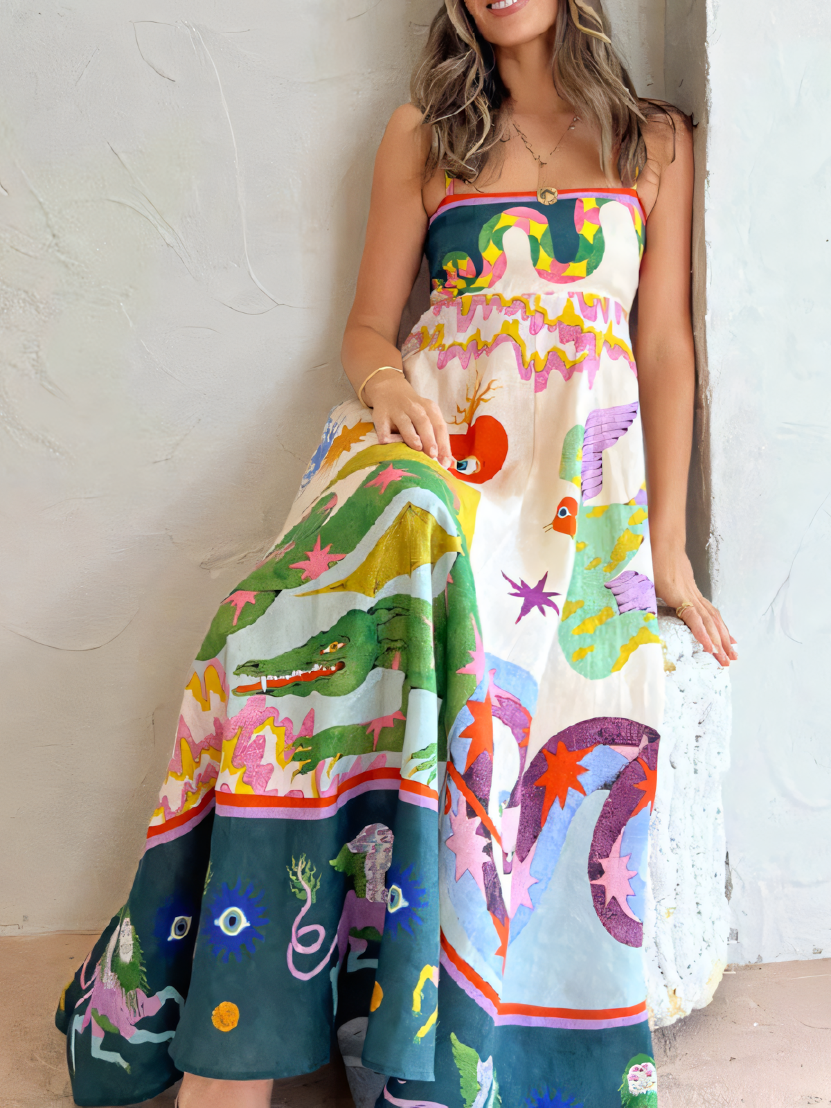 Light Blue Printed High-waist Slip Maxi Dress