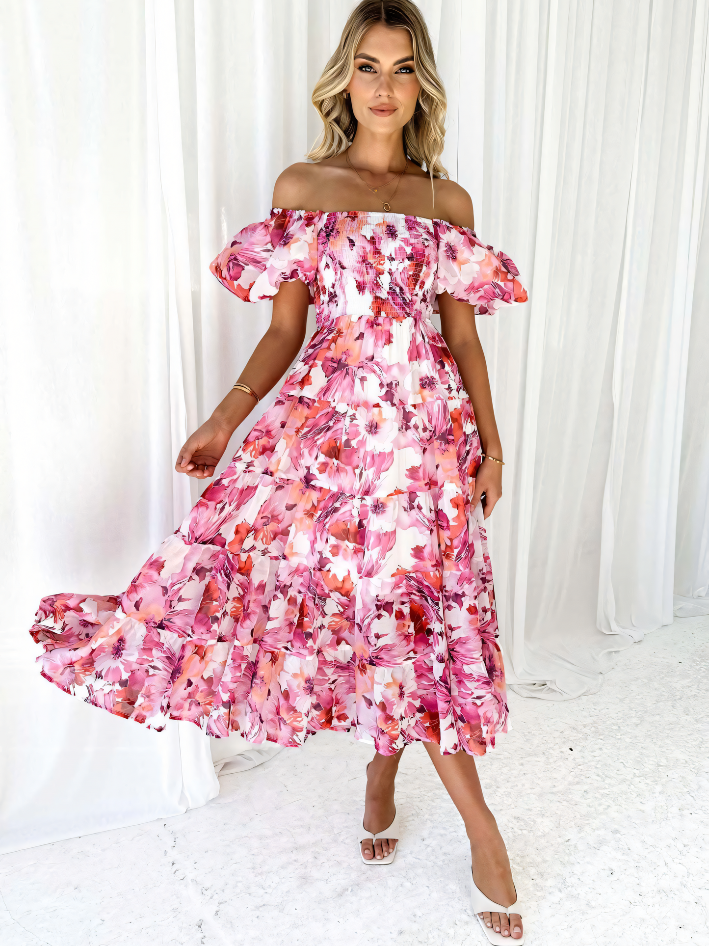 Pink Floral Printed Puffy Bubble Sleeve Midi Dress