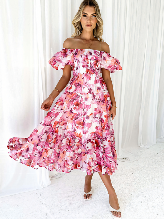Pink Floral Printed Puffy Bubble Sleeve Midi Dress