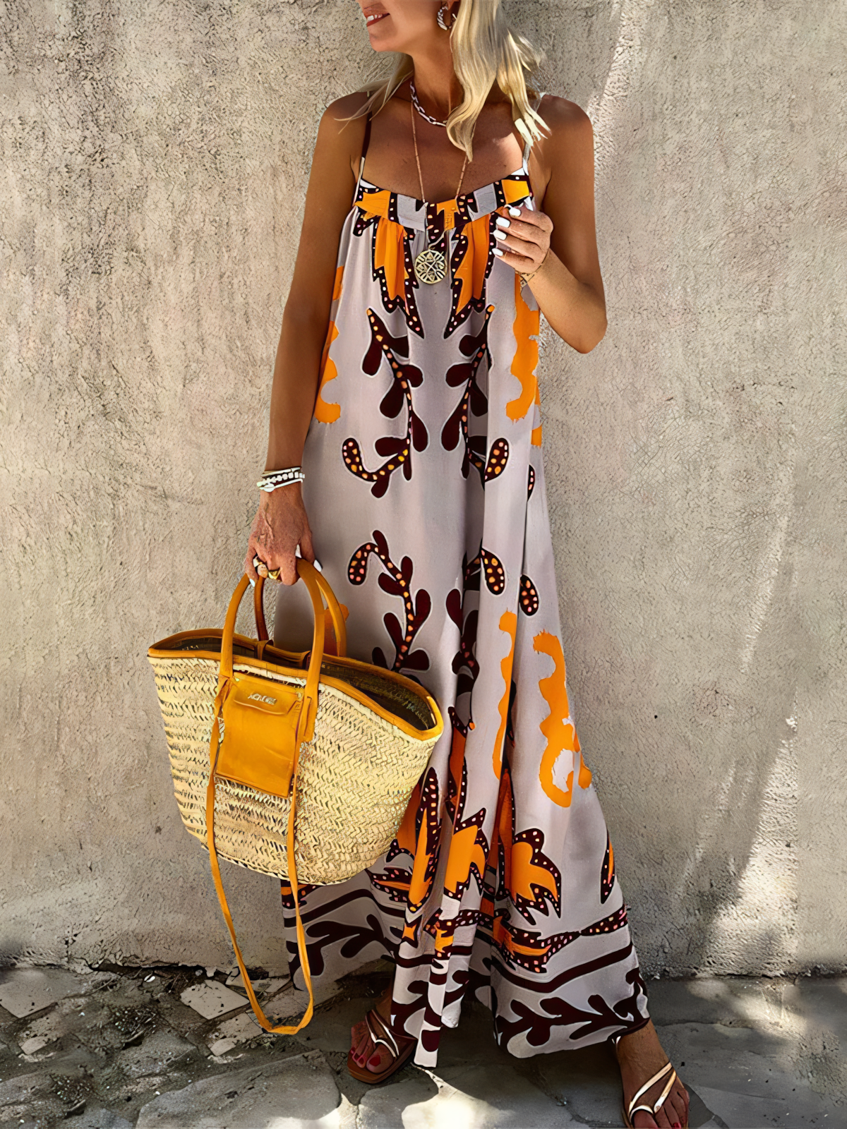 Orange Printed High-waist Slip Maxi Dress