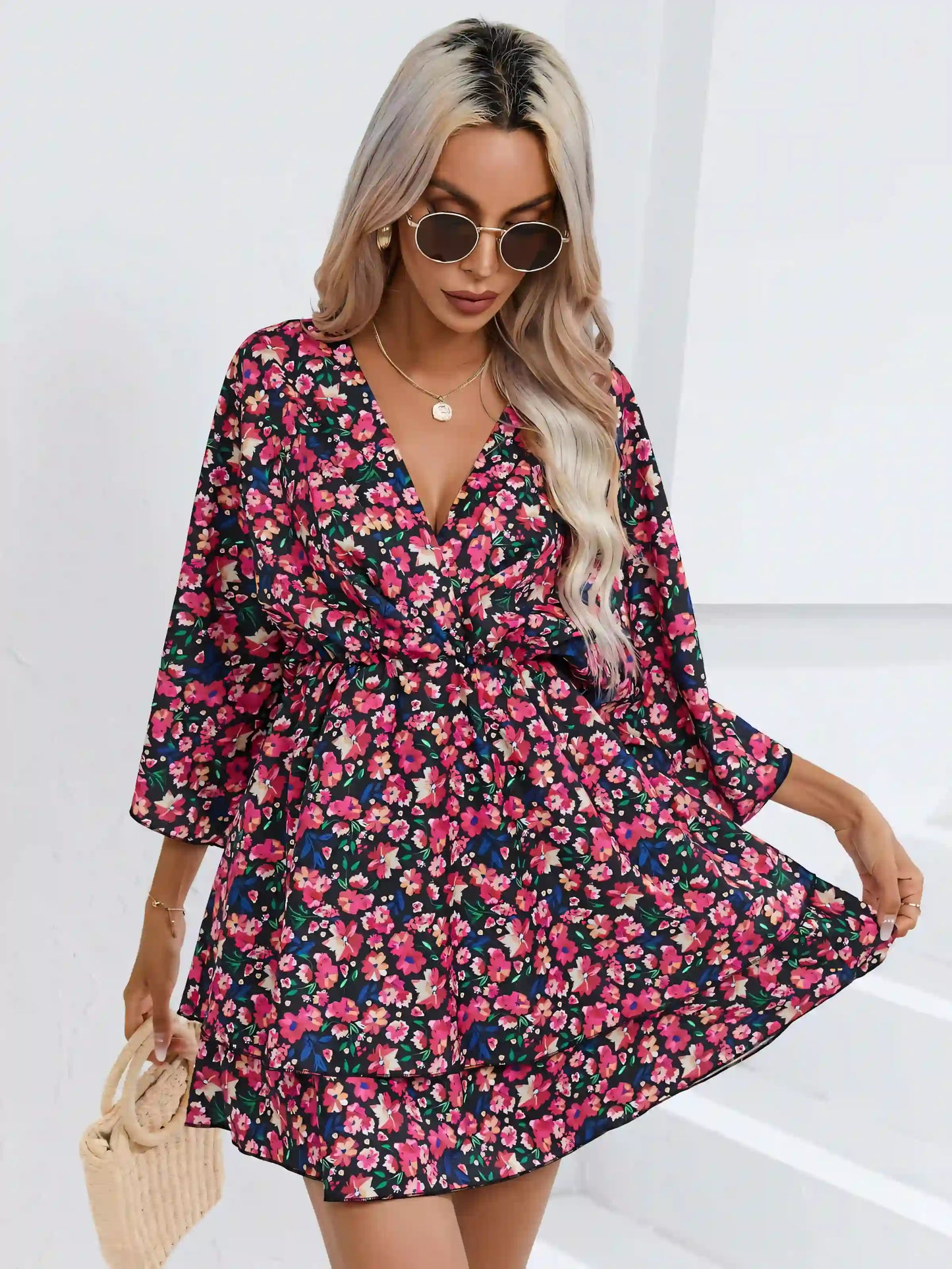 Floral Printed V-Neck Mini Dress
