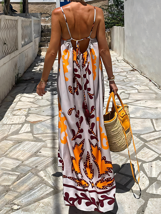 Orange Printed High-waist Slip Maxi Dress