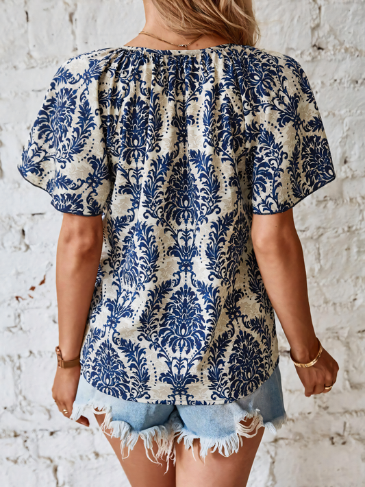 Bohemian Print Flared Sleeve Lace-Up Shirt