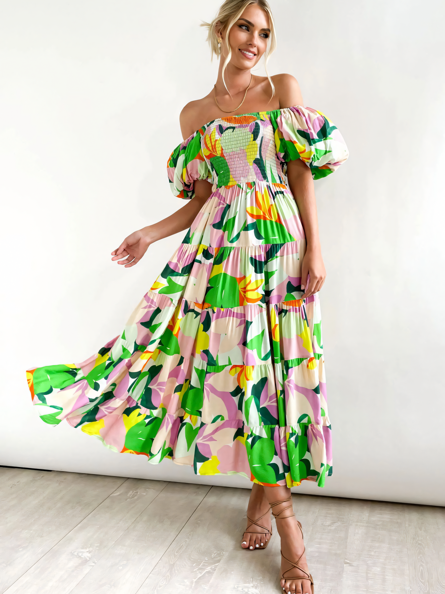 Green Printed Puffy Bubble Sleeve Midi Dress