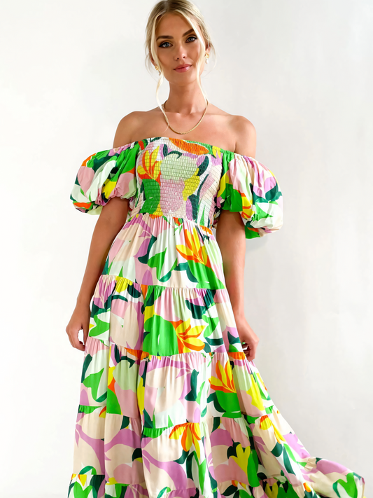 Green Printed Puffy Bubble Sleeve Midi Dress