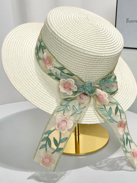 Flat Top Floral Flutter Straw Beach Hat