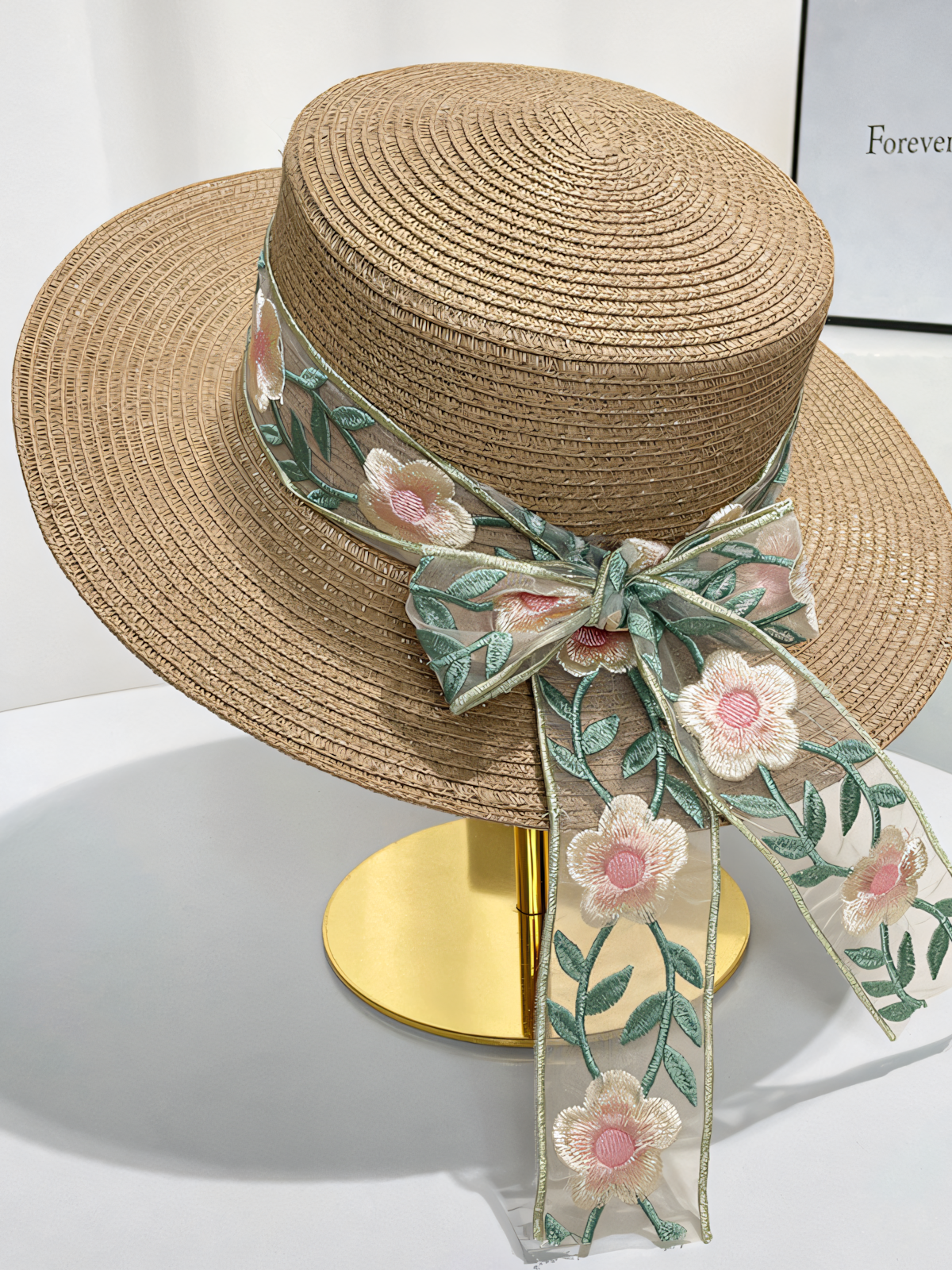 Flat Top Floral Flutter Straw Beach Hat