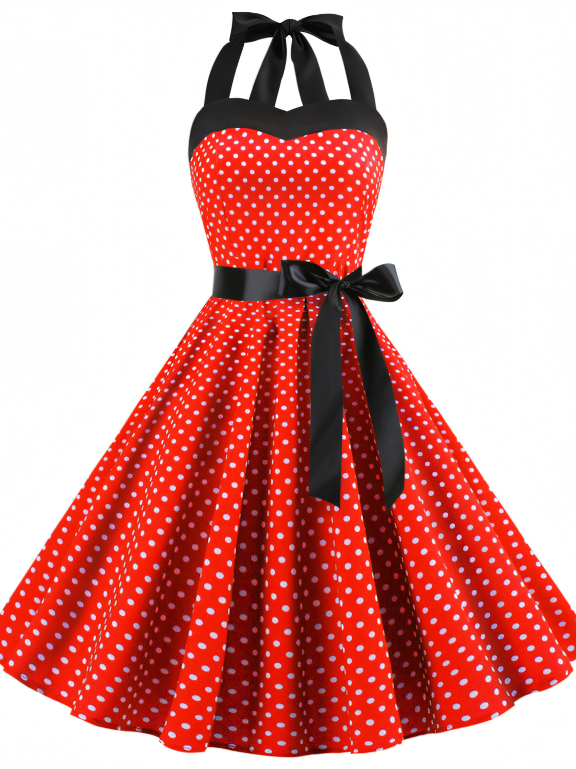 Vintage Polka Dot Halterneck tie Hepburn Midi Dress