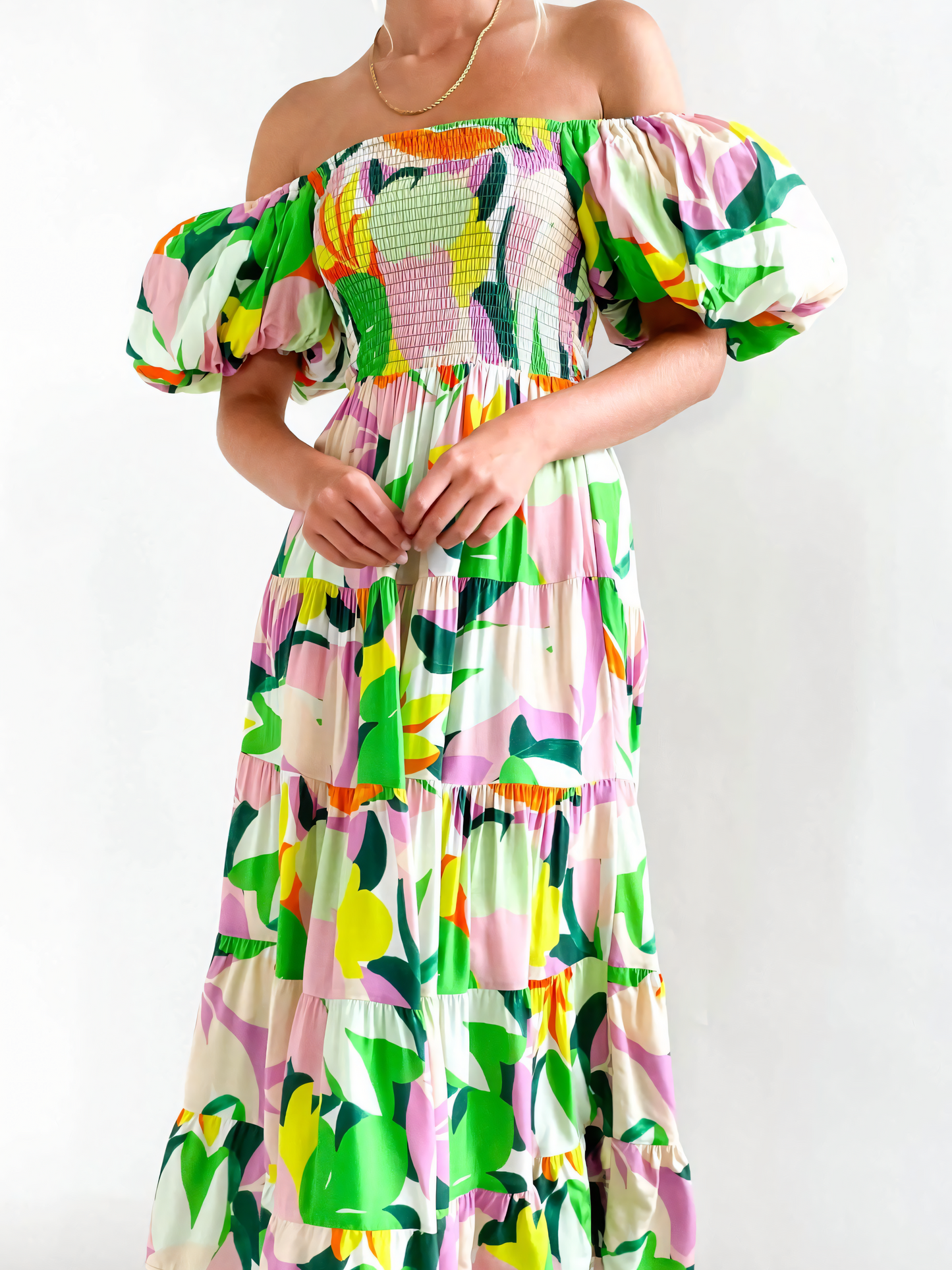 Green Printed Puffy Bubble Sleeve Midi Dress